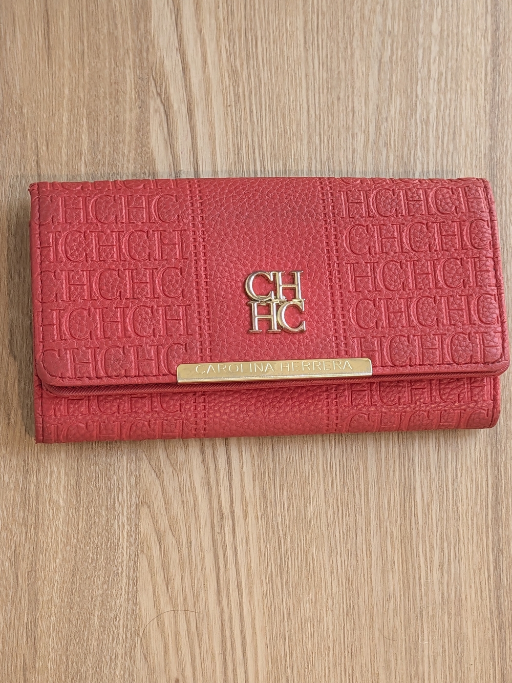 Carolina Herrera Red Leather Embossed Logo Large Wallet